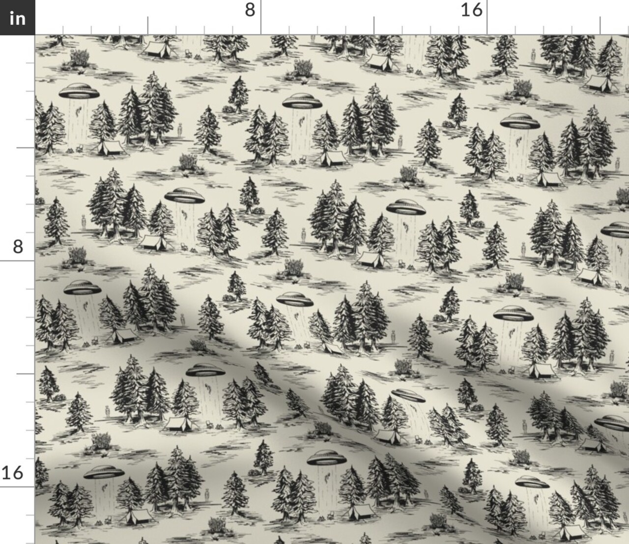 Alien Toile Ufo Beige Black Small Scale Hidden Traditional Style Flying Saucers Custom Printed Fabric by Spoonflower Various Fabrics by the Yard or Fat Quarter